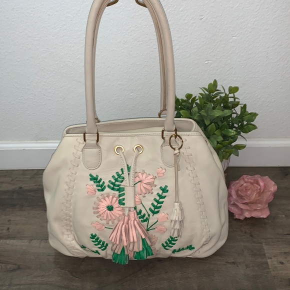 FIORE IVORY LEATHER FLORAL EMBELLISHED LARGE SHOULDER PURSE - Picture 1 of 13